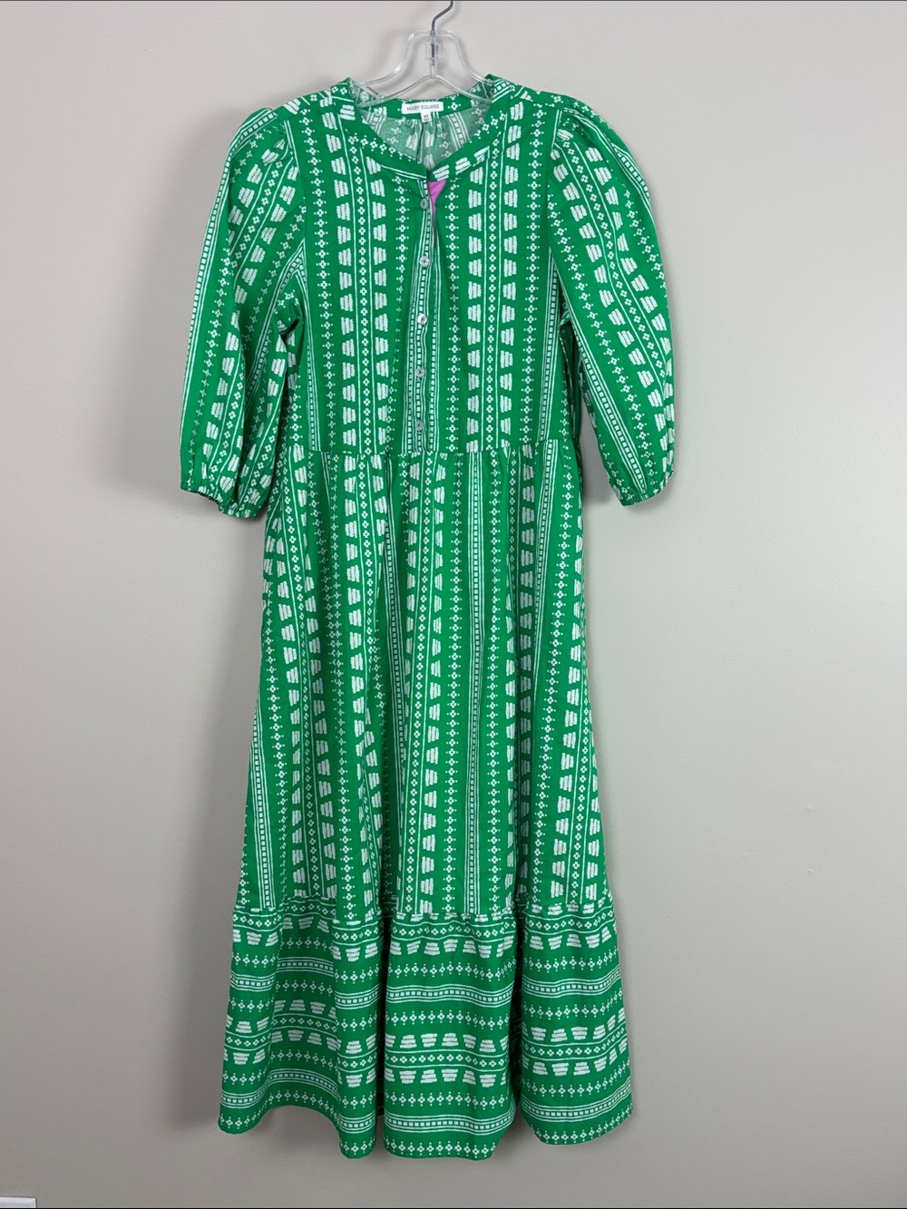 Mary Square Green Printed Maxi Dress Medium Stretch Cotton Blend w/Pockets